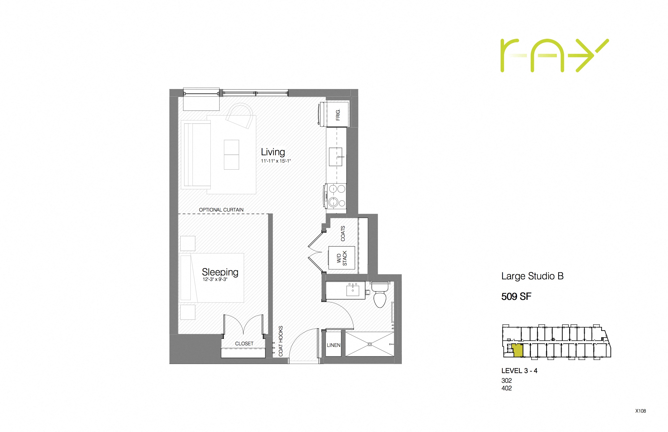 Floor plan for studio, 1 bath, 509 sqft